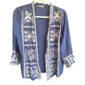 Solitaire Blue Embroidered Boho Bird Open‎ Front Komono Cardigan Top M